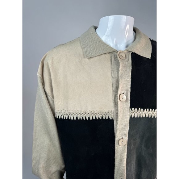 Virgola Uomo Patchwork Sweater Cardigan Size XL Beige Suede Suede, Ramie - Picture 2 of 16